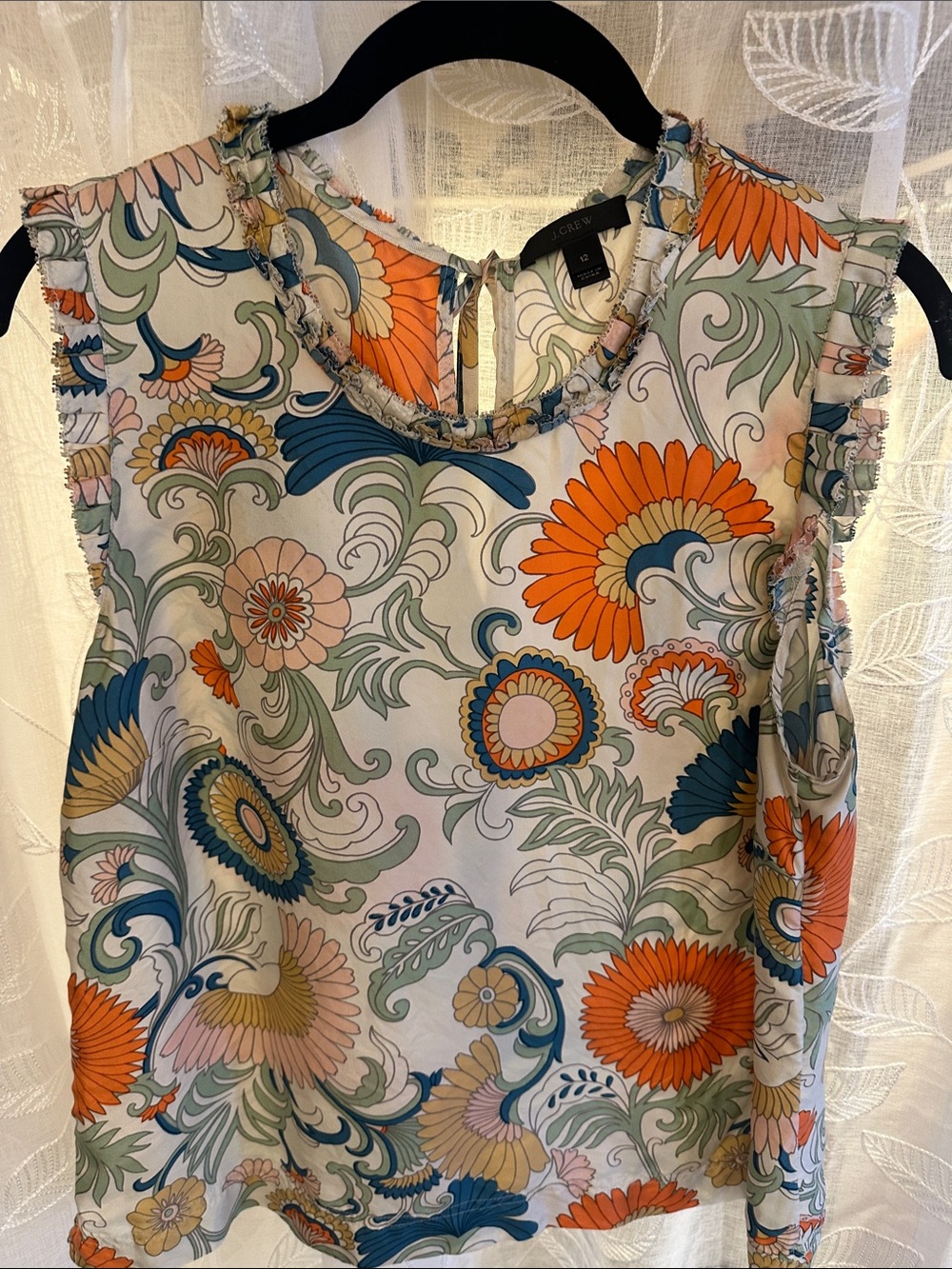J. Crew silk Floral Ruffle-Trim Camisole in Orange, Blue & Green